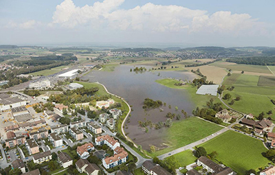 Visualisierung des gefüllte Hochwasserrückhalteraums der Eulach